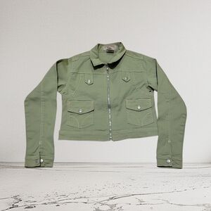 Deluxe USA Girls Sage Green Utility Cargo Jacket Floral Glitter Size 10/12 Y2K